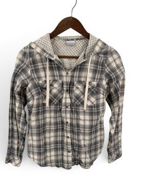 Columbia Plaid Hooded Button Up Shirt Womens M Gray Outdoor Gorpcore Utility